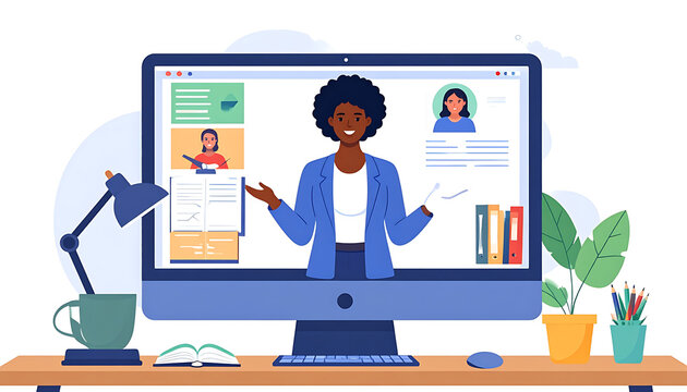 Online instructor presenting a virtual lesson on a computer screen with educational content and student avatars, remote learning concept