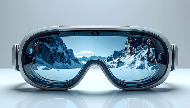 Modern ski goggles with reflection of snow-capped mountains, ideal for winter sports, adventure, or technology concepts
