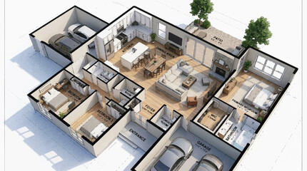 Fototapeta premium Detailed interior floor plan of a modern multi-room house showing living areas, kitchen, and bedrooms.