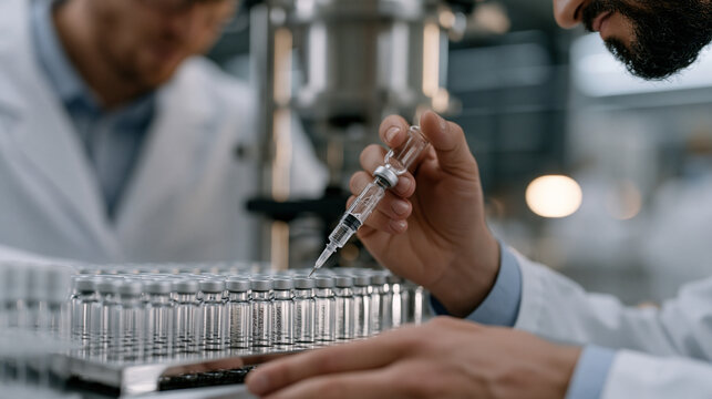 Close up hands of monoclonal antibody formulation scientist preparing subcutaneous injection device filling process, aseptic syringe assembly components, container closure