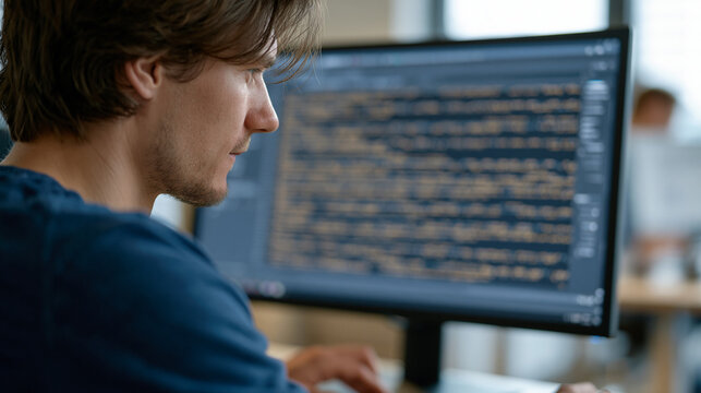 Over the shoulder view of synthetic biology engineer annotating digital DNA sequence on large monitor, custom organism design software displaying metabolic pathway editor tools