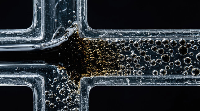 Microfluidic Chip Showing Dark Fluid and Bubbles Mixing in Transparent Intersection
