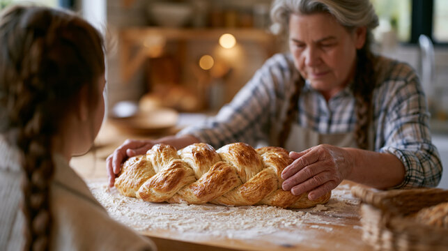 Over the shoulder view of a grandmother teaching her teenage granddaughter to braid challah at a floured kitchen counter, the loose weave taking shape under older hands guiding