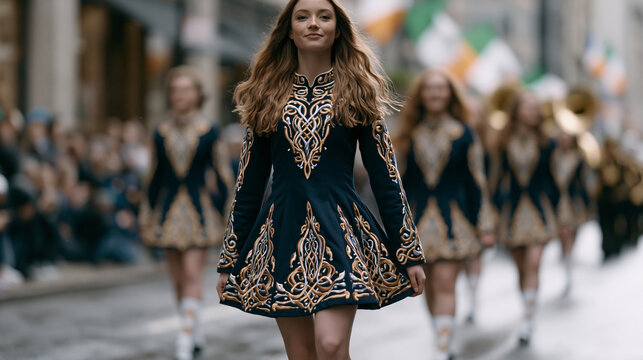 Irish step dancers in traditional embroidered costumes mid-performance on a rain-slicked street, parade spectators pressing forward on the curb, a brass band visible further back,
