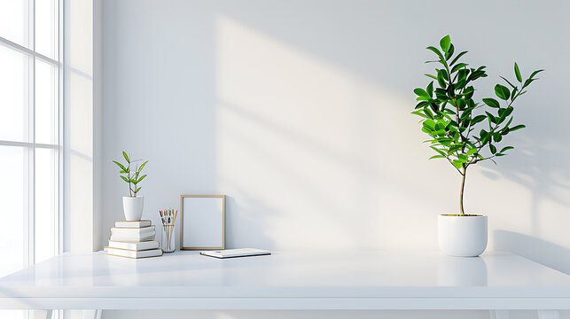 清潔なデスクと小さな植物があるミニマルなホームオフィスの一角