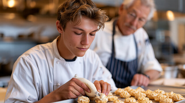 Over the shoulder view of a culinary student piping cream filling into delicate pastry shells, instructor observing from beside, a professional kitchen gleaming around them,