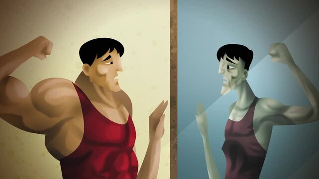 muscular bodybuilder with vigorexia seeing skinny distorted reflection in mirror