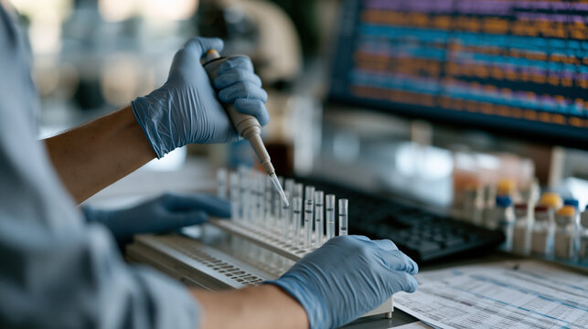 CRISPR base editing workstation close up of gloved hands precisely loading micropipette into gel electrophoresis apparatus, molecular biology reagents arranged beside sequencing