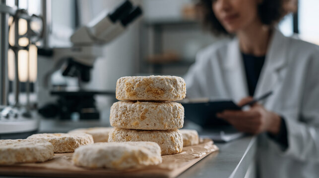 Mycelium composite material samples arranged on laboratory examination table beside microscope and material stress testing equipment, biotechnology researcher in lab coat