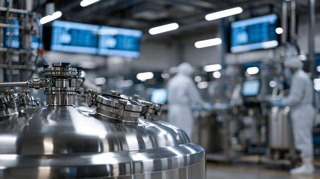 mRNA vaccine production facility floor viewed from wide industrial angle showing stainless steel bioreactor tanks, cleanroom suited operators monitoring batch purification