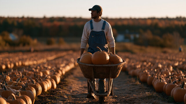 Golden hour lighting across a dew-covered pumpkin patch, a farm worker in muddy boots hauling a full wheelbarrow between rows, the field stretching to a treeline already ablaze in