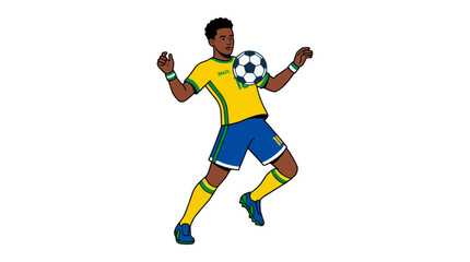 Fototapeta premium Brazilian soccer player in yellow and blue uniform dribbling a soccer ball with his knee during a championship match in 2026