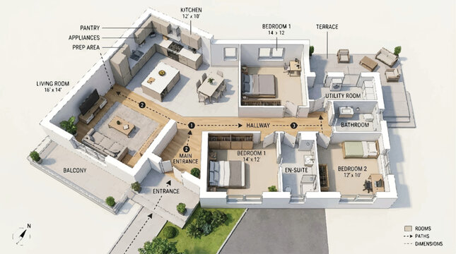 Top view of a modern residential apartment floor plan showcasing multiple rooms and open living spaces.