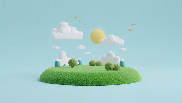 雲と草原を小さな模型のように表した明るい3D素材