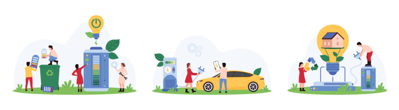Eco friendly power energy, battery charging and disposal set. Tiny people charge electric car at recharge station, plug sustainable smart home inside light bulb into grid cartoon vector illustration