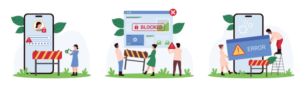 Blocked content and account, restriction set. Tiny people holding warning message of cyber security system about software and mobile app error, broken key to closed lock cartoon vector illustration