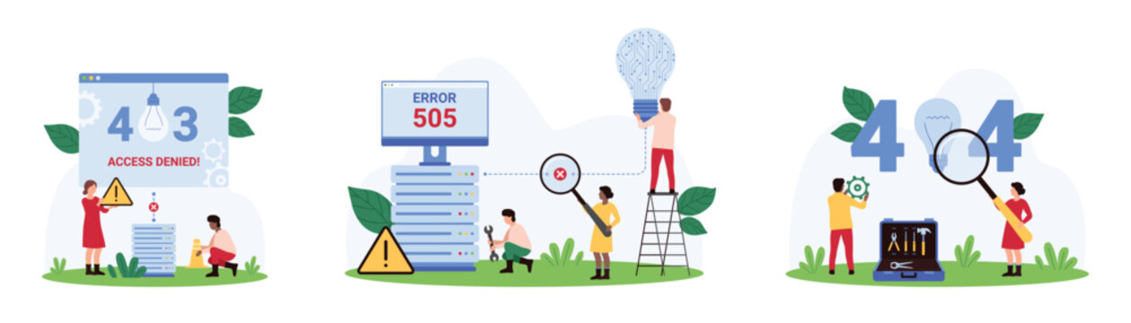 Network failure, 404 and 403, 505 error type set. Tiny people holding warning message of cyber security system about problem of access to broken web page and server cartoon vector illustration