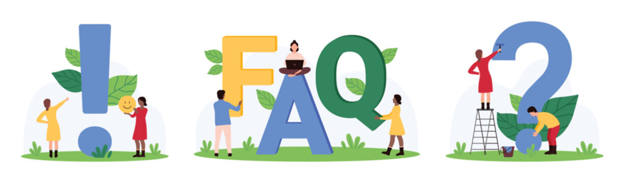 FAQ, exclamation and question mark title set. Tiny people pointing to warning message of important information and attention, research frequently asked questions of users cartoon vector illustration