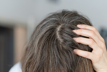 Fototapeta premium A woman reflects how hormonal shifts of perimenopause cause her graying hair. The mature adult connects menopause transition to silver strand appearance. Mother understands endocrine effects on aging.