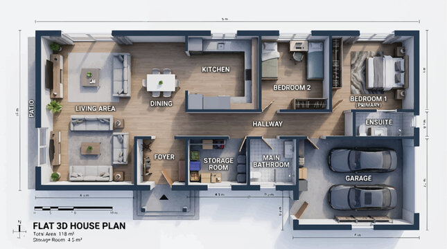 Modern apartment floor plan with multiple rooms, living area, kitchen, bedrooms and garage.