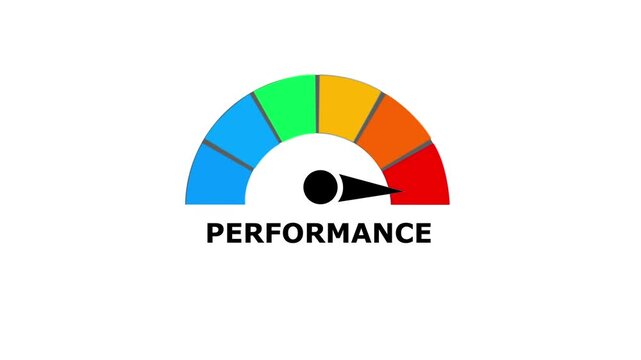 Performance gauge with a black needle pointing to the red zone on a white background showing efficiency or maximum output