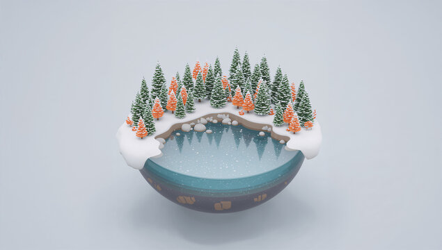 雪の森と湖を小さな地形模型のように表した3D素材