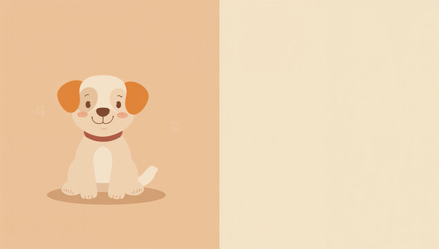 淡い桃色背景に座る子犬とフード皿のペット素材
