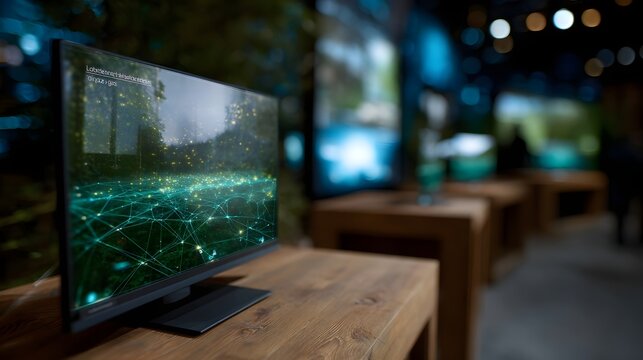 Glowing data network visualization displayed on a modern monitor screen resting on a polished wooden table