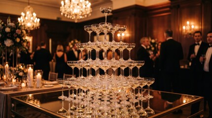 Fototapeta premium Glistening champagne tower of coupe glasses at luxurious reception. Formal guests in elegant hall, chandeliers, celebrate success.