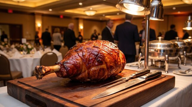 Glazed roasted ham on a carving board with knife and fork. Upscale corporate banquet catering, symbolizing professional hospitality.