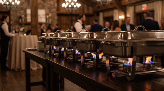 Chafing dishes on a wooden table keep food warm at an elegant event. Blurred guests. Professional hospitality, upscale dining, celebrations.