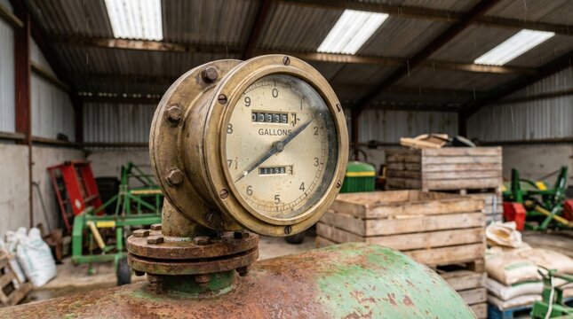 Weathered brass fuel flow meter displaying gallons on a rusty tank in a farm shed. Represents agricultural energy use, rural efficiency, and heritage.