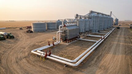 Obraz premium Vast grain storage and processing plant with silos, pipes, and machinery. Essential infrastructure for agricultural commodities and global food supply.