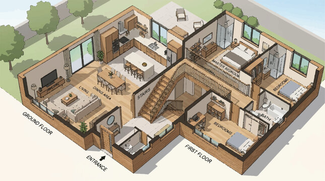 Isometric interior layout of a modern house with multiple rooms and stairs.