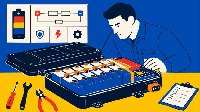 Geometric battery cells splayed open under the focused inspection of a technician, featuring a technical infographic with tools for electric power system maintenance and diagnostics analysis.