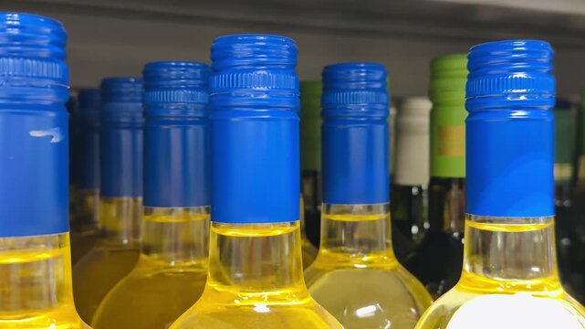 Rows white wine bottles blue caps closeup on shelf, golden liquid in clear glass, assorted brands with visible labels, screw top