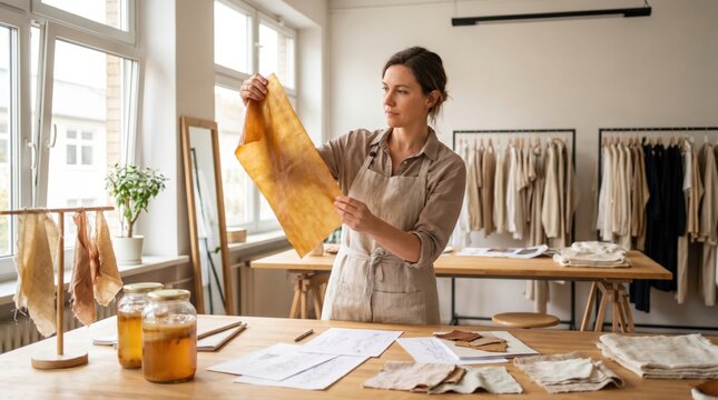 Woman in a bright studio examining a piece of sustainable kombucha leather biomaterial holding it up to the light