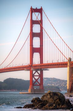 Golden Gate Bridge of San Francisco at sunset, closeup shot. Popular landmark