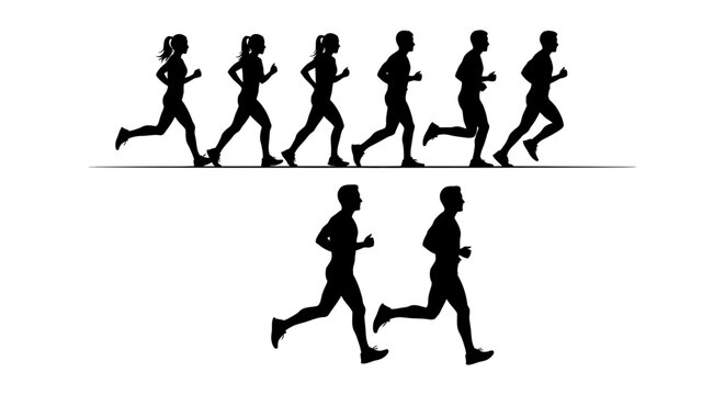 diverse group of silhouettes running in a race on white background
