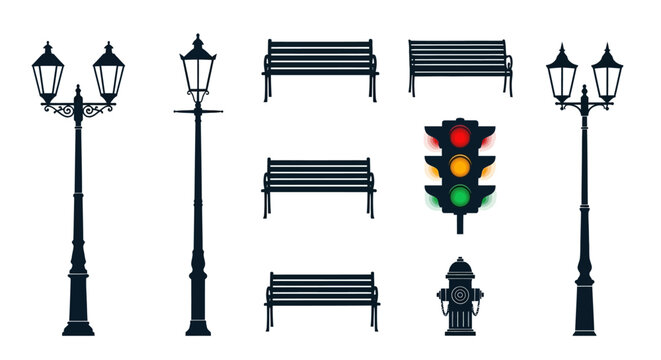 urban street elements and city infrastructure vector icons lampposts benches a traffic light and fire hydrant ideal for design.
