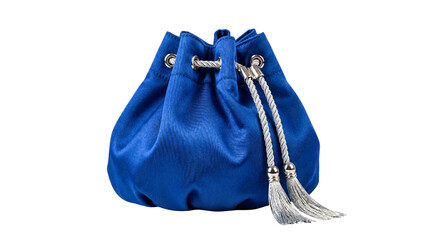 Naklejka premium Royal blue satin drawstring pouch, luxury fashion accessory, elegant silver tassel, shiny metallic hardware