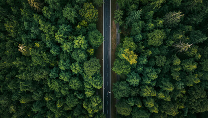 Fototapeta premium 森の中央を一直線に伸びる道路が美しい対称構図の空撮写真
