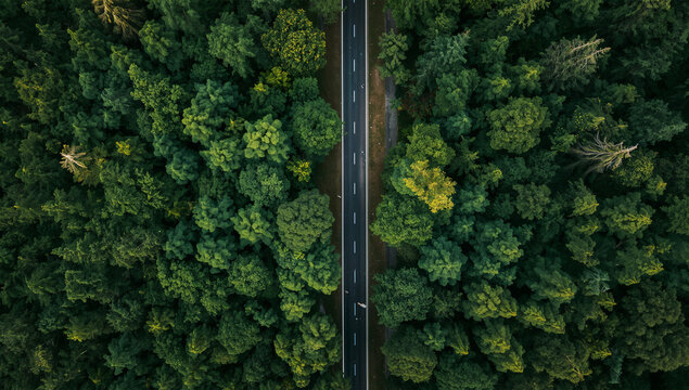 森の中央を一直線に伸びる道路が美しい対称構図の空撮写真