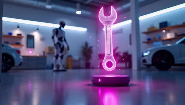 Detail of a glowing pink wrench hologram floating in a high tech car service center environment.