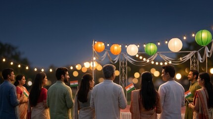 Obraz premium India Independence Day: Group Holding Flags at Evening Celebration with Lanterns