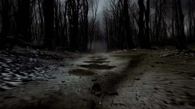 Scary forest path with mysterious footprints at night. Spooky woodland scenery during Halloween. Dark, cinematic trail in dead woods for horror thriller