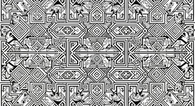 tribal pattern intricate geometric design with indigenous animal motifs forming a complex black and white maze for spiritual art projects