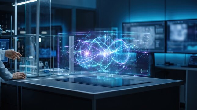 Glowing abstract geometric data hologram inside a glass container on a laboratory table with a researcher