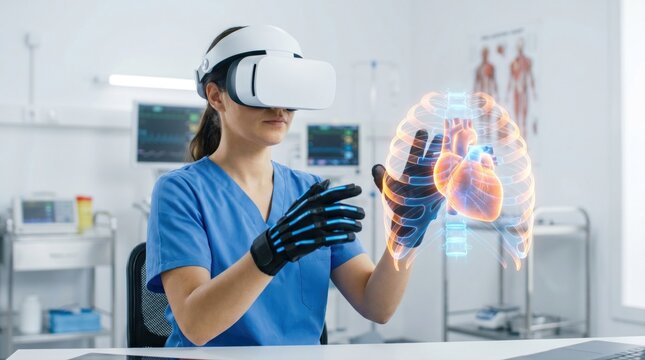 Female medical professional wearing VR headset and haptic gloves analyzing a 3D glowing hologram of a human heart