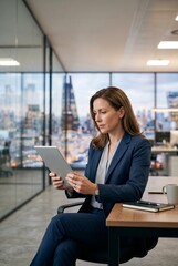 Fototapeta premium Professional Businesswoman Using Digital Tablet in Modern Office with City Skyline View